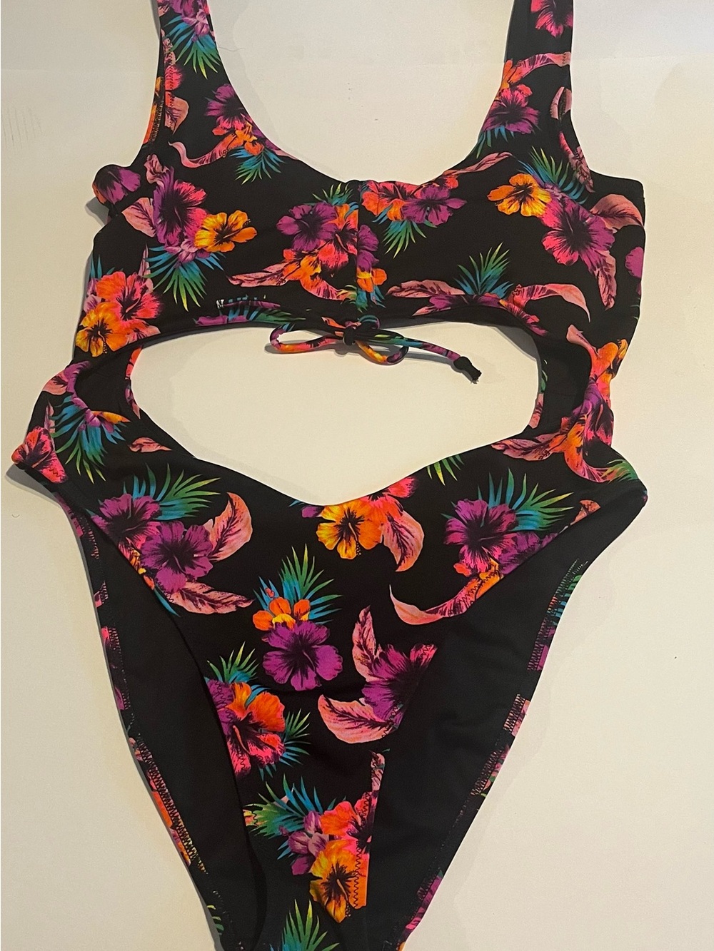 Pink Floral Cutout One-Piece Swimsuit - Black/Purple Tropical Print